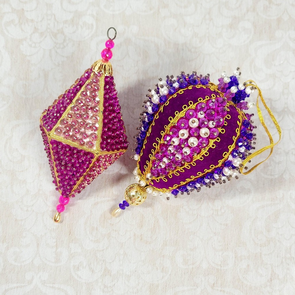 Vintage Jewel Tone push pin retro Christmas tree ornaments purple ornate sequins